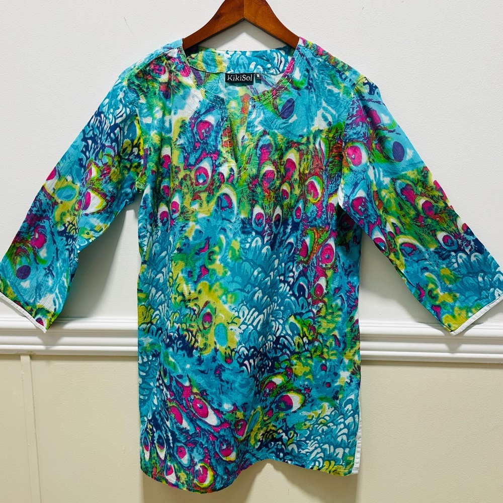 KikiSol Tunic M Tropical 3/4 Sleeves Floral Coverup Boho Beach Casual Vacation